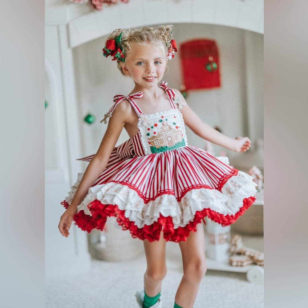 Two Roosters Gingerbread dress. Red and White Striped Dress with Bloomers